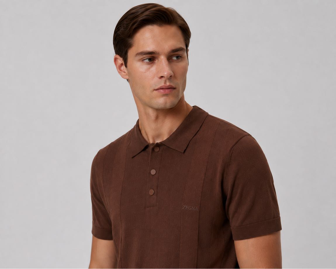 ZEGNA Kahverengi Polo Yaka Triko T-shirt — görsel 6/7
