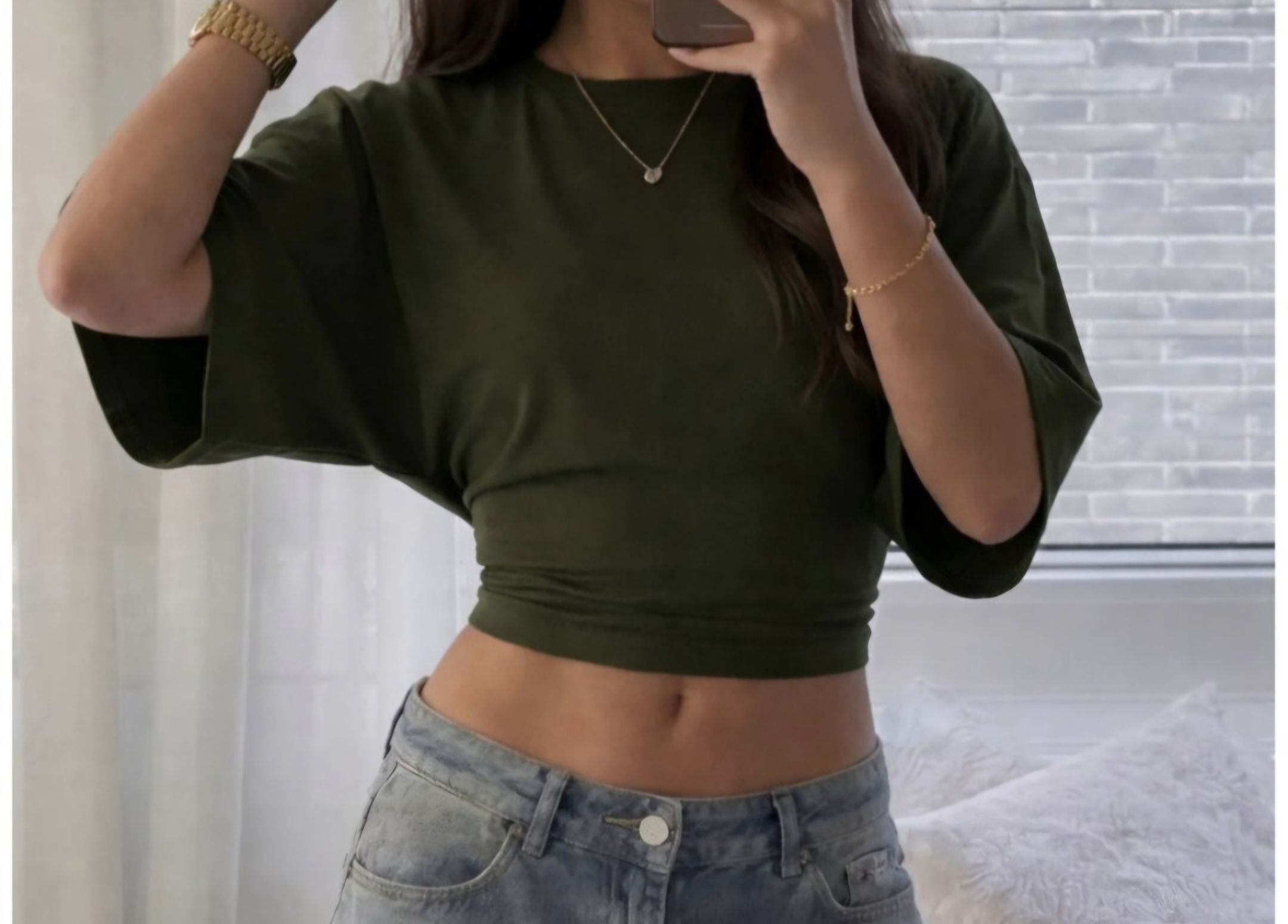 Haki Yarasa Kol Vücuda Oturan Basic Crop — görsel 3/3