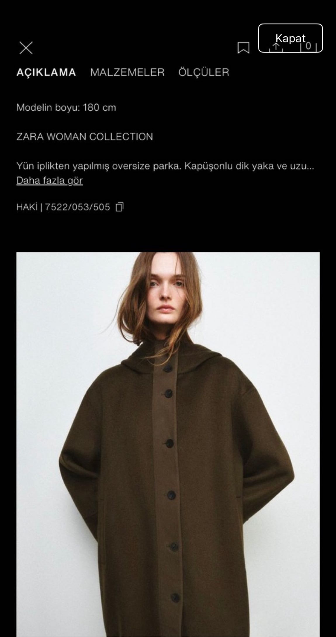 Zara Haki Yün Kapüşonlu Parka — görsel 2/9