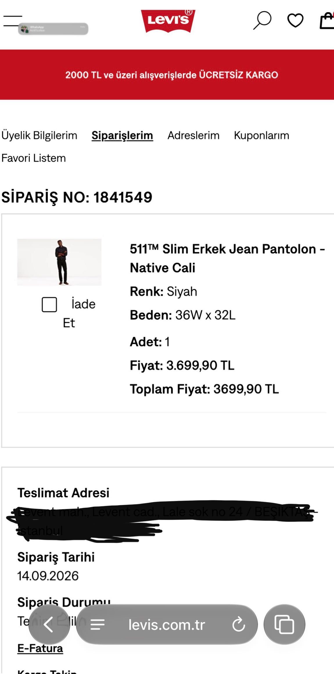 Levi's 511 Siyah Kot Pantolon — görsel 2/2