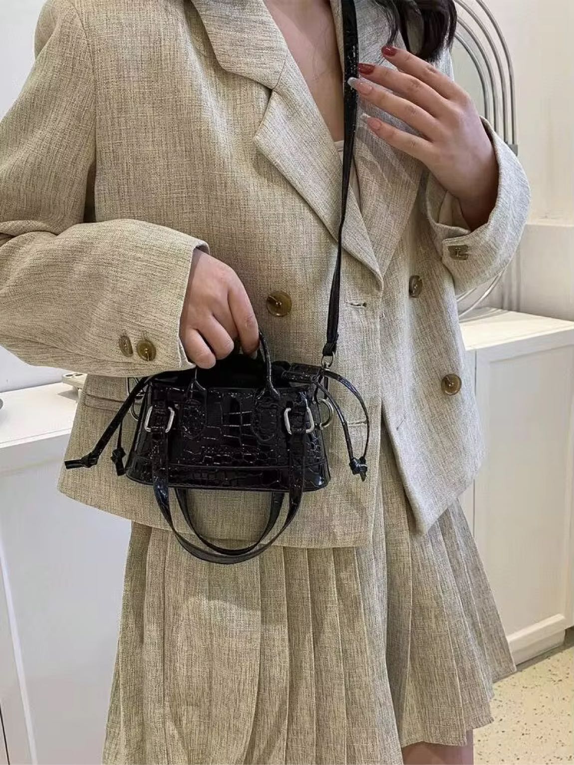 Siyah Deri Croco Mini Boy Çanta — görsel 3/5