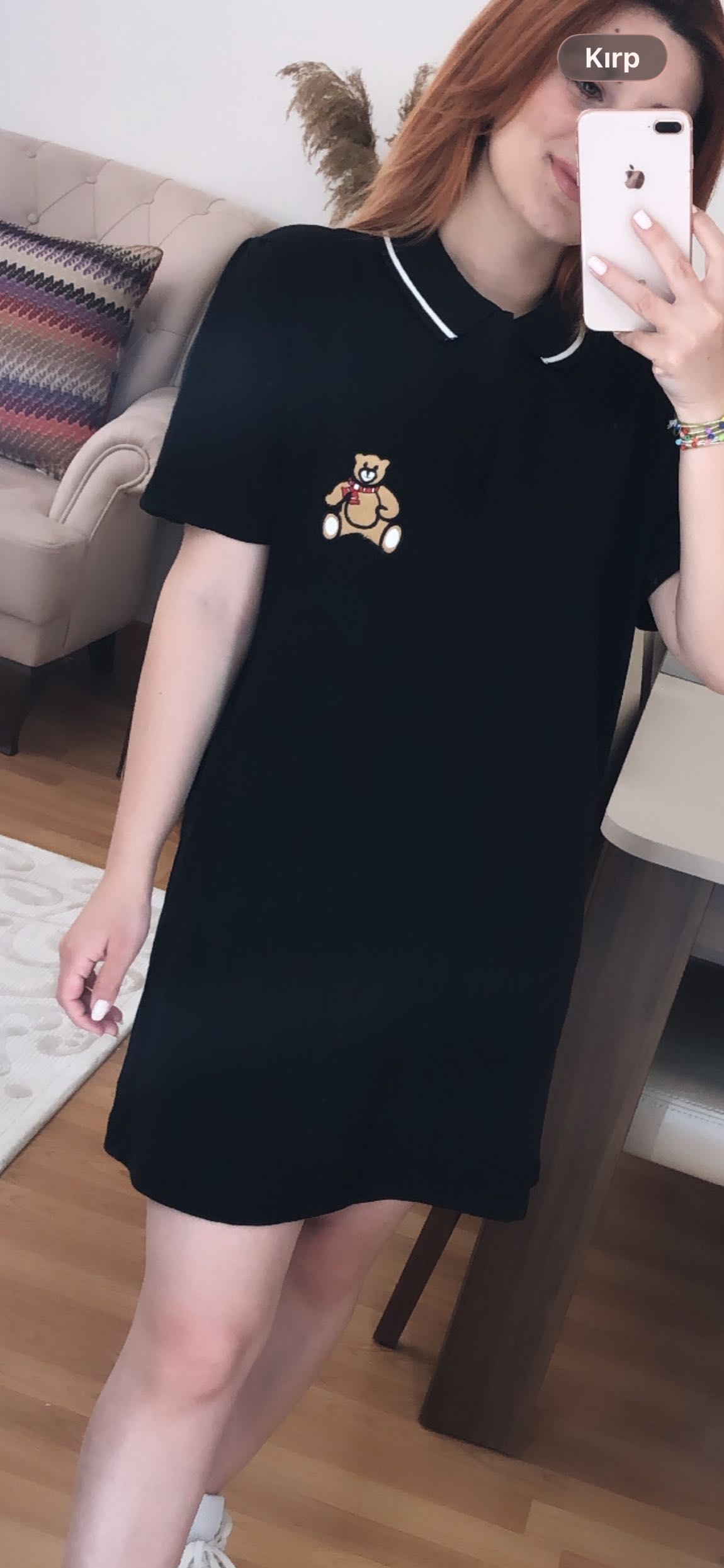 Siyah Ayıcık Baskılı Polo Yaka Elbise — görsel 2/2