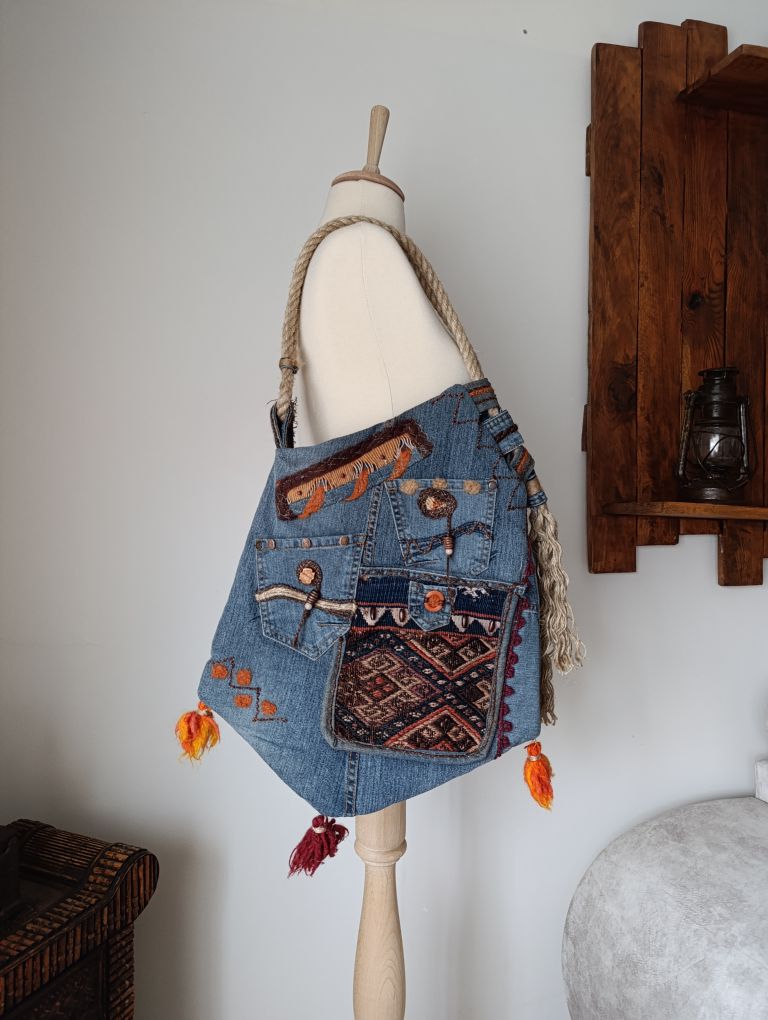Antika Kilim Detaylı Bohem Kot Çanta — görsel 3/6