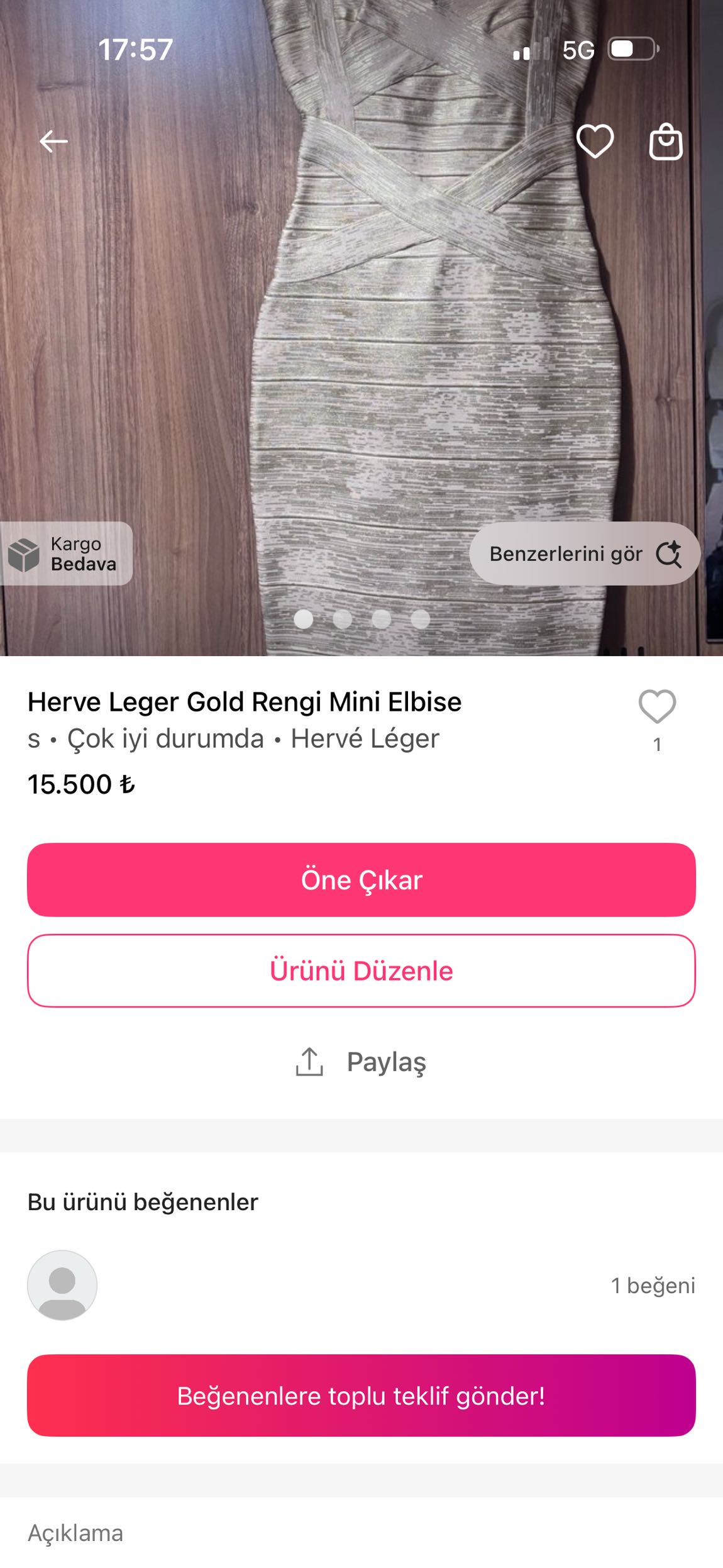 Herve Leger Gold Rengi Mini Elbise — görsel 4/4
