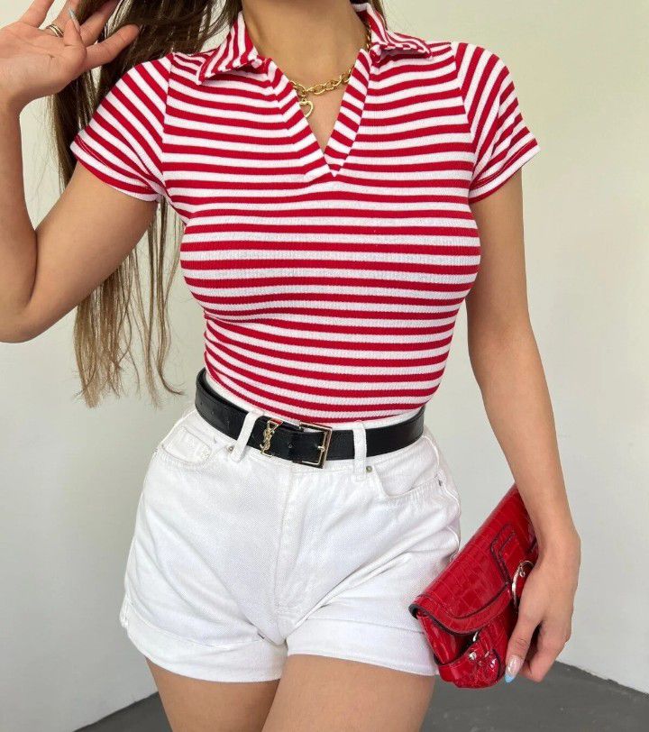 Kırmızı Beyaz Çizgili Polo Yaka T-Shirt — görsel 5/5