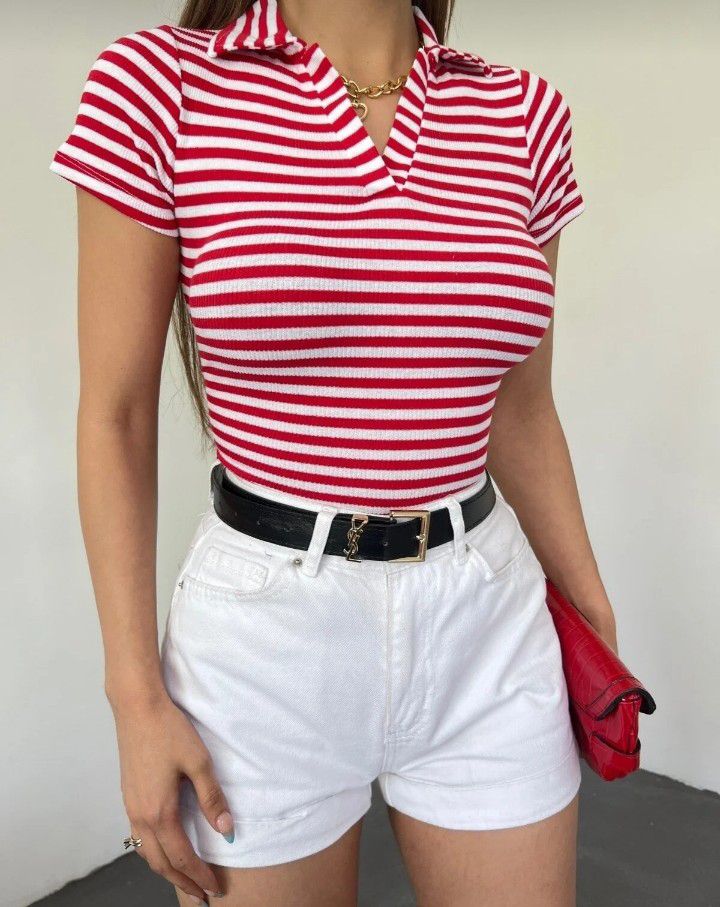 Kırmızı Beyaz Çizgili Polo Yaka T-Shirt — görsel 4/5