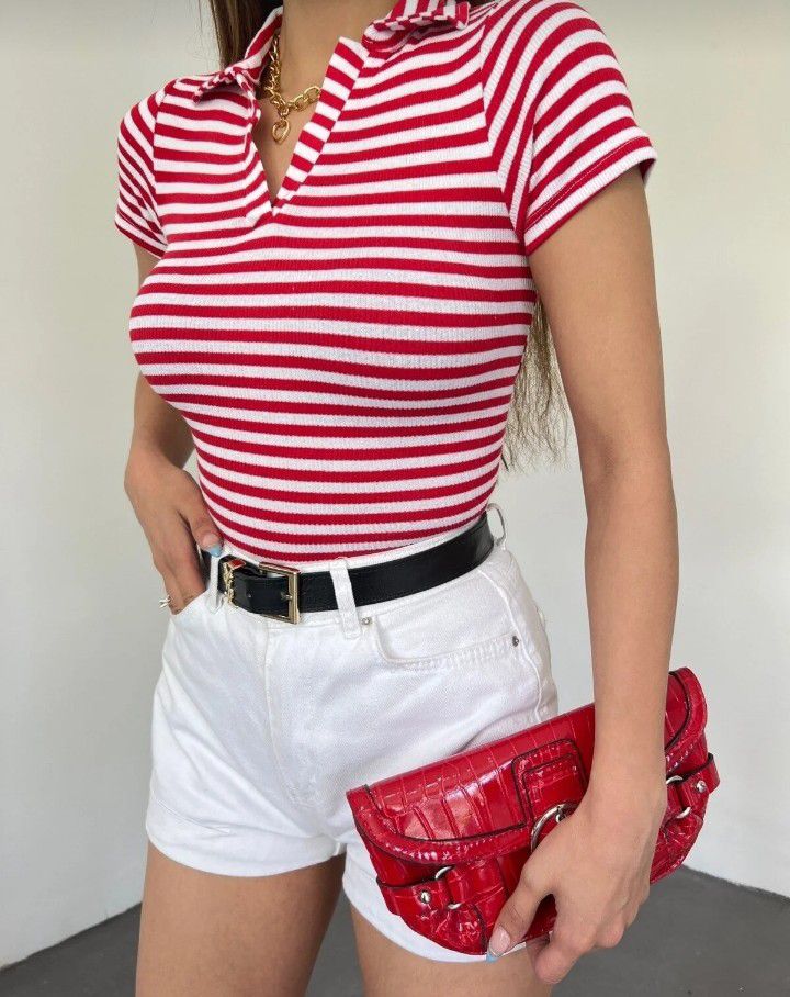 Kırmızı Beyaz Çizgili Polo Yaka T-Shirt — görsel 3/5