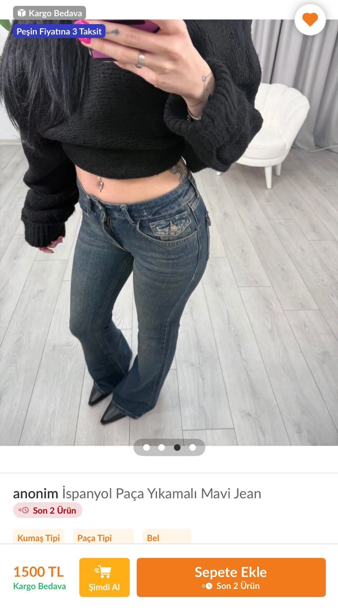 Kot Beli Düşük İspanyol Paça Jean Y2K — görsel 2/7