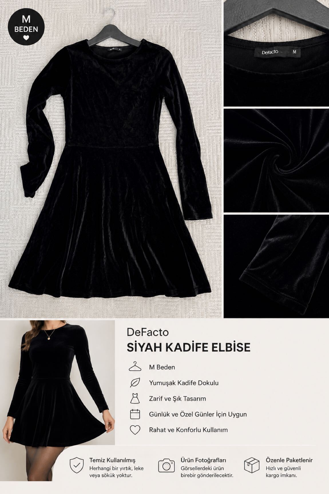 DeFacto Siyah Kadife Mini Elbise — görsel 4/4