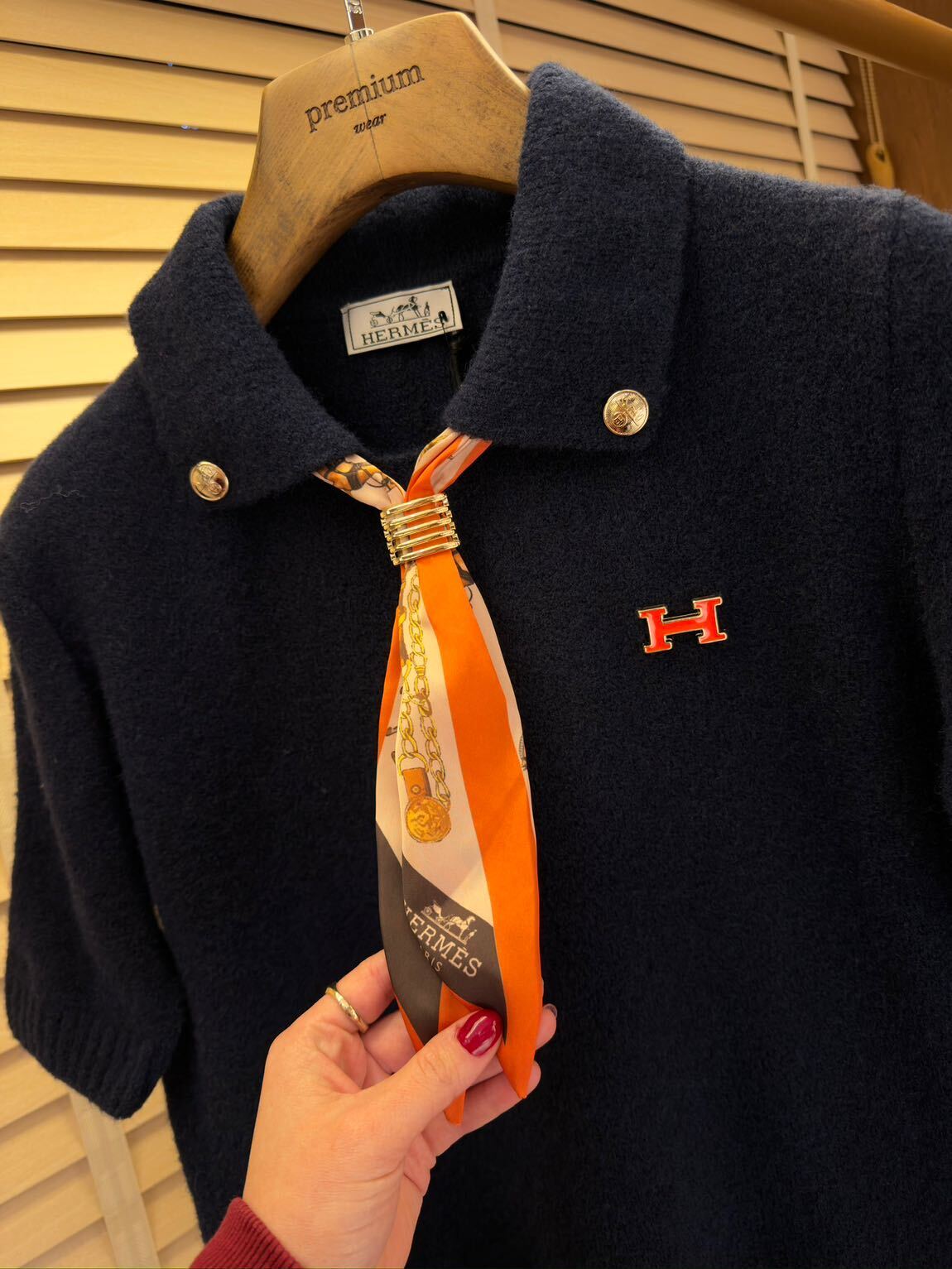 Hermes Polo Yaka Fularlı Lacivert Triko — görsel 3/6