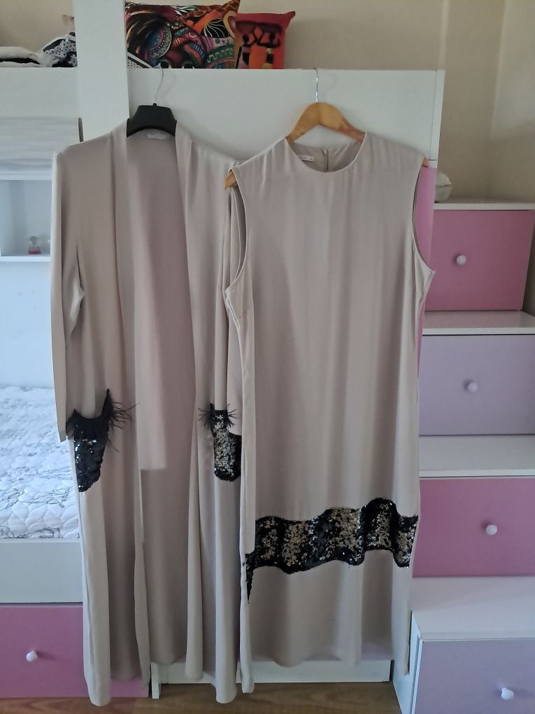 Bej Payetli Elbise ve Kimono — görsel 3/8