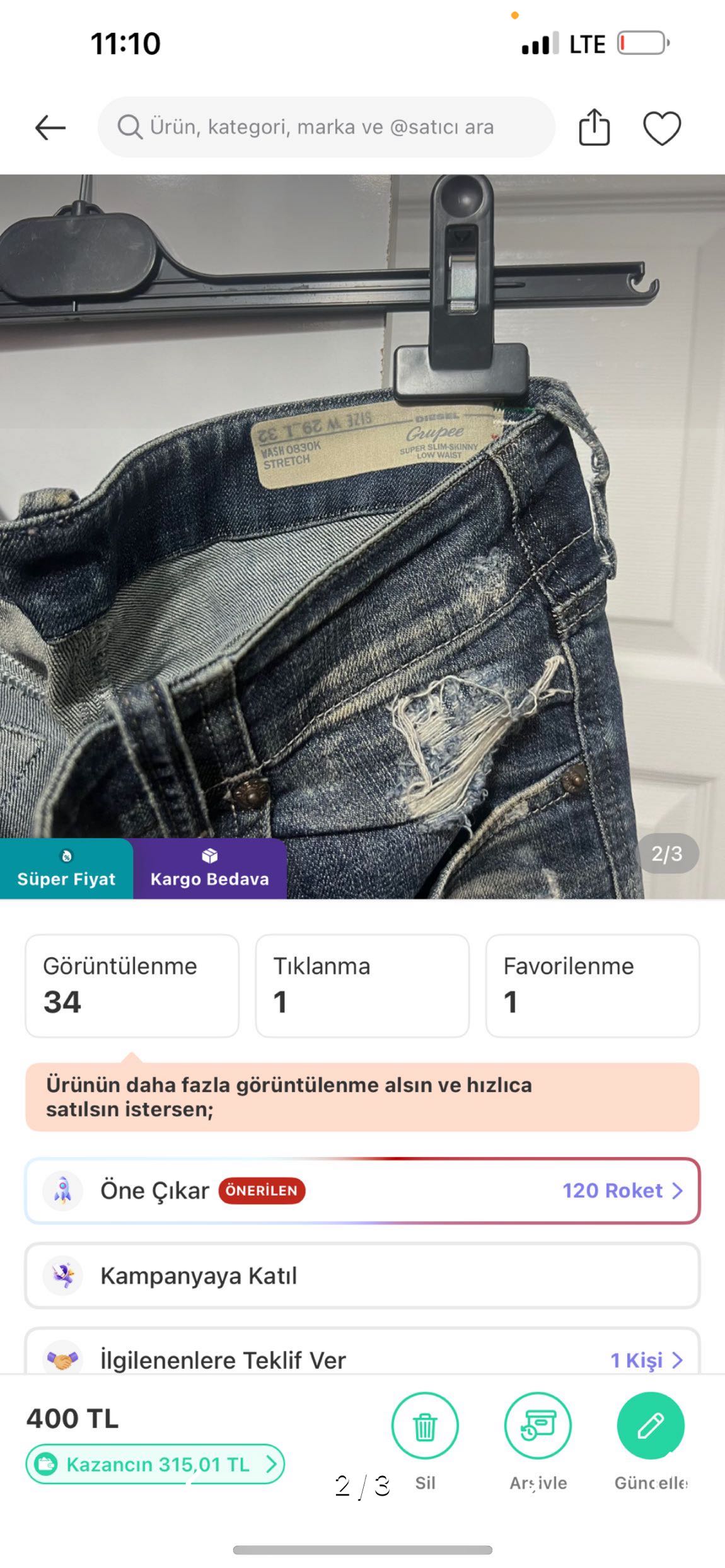 Diesel Yırtık Detaylı Kot Pantolon — görsel 2/4