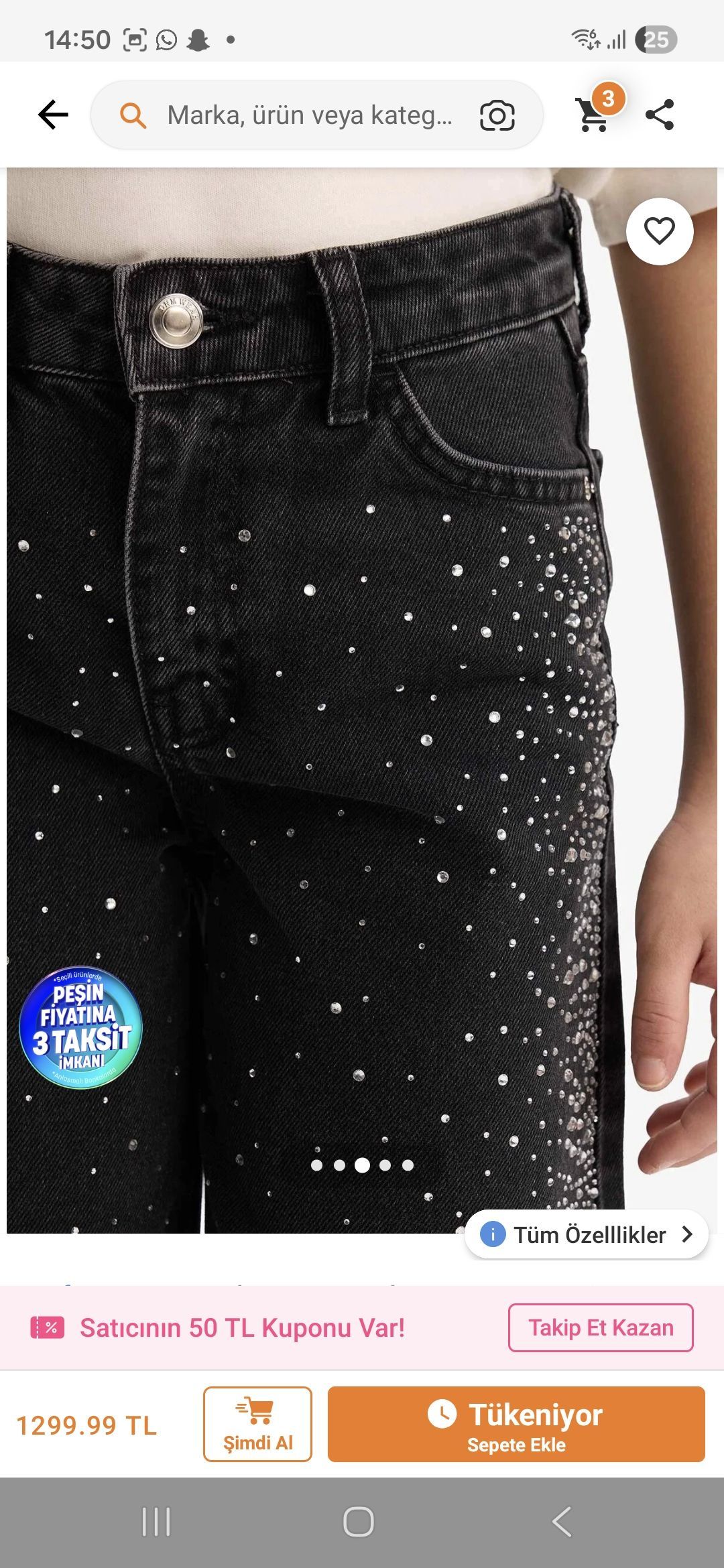 kız çocuk Siyah Taşlı Jean Pantolon — görsel 3/8