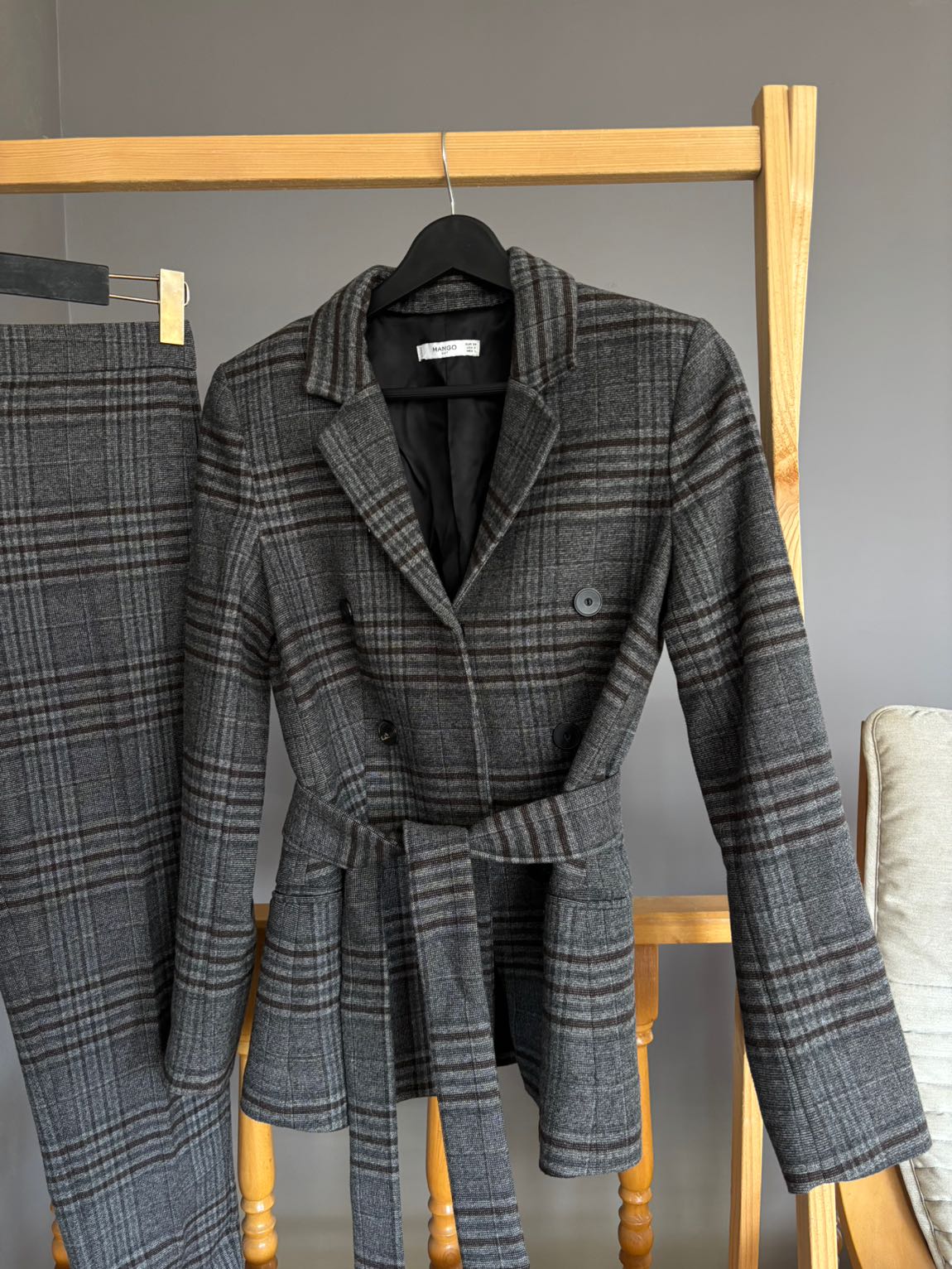 Ekose Desenli Kuşaklı Blazer&Pantolon — görsel 2/6