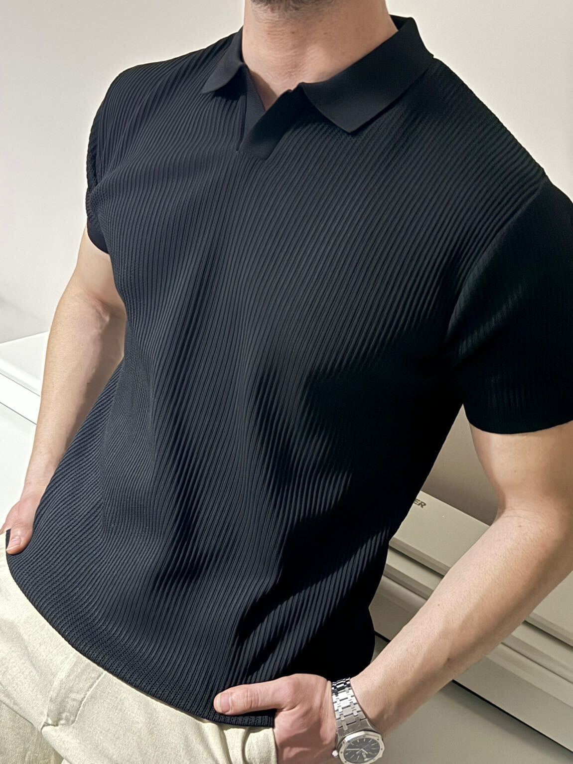 Siyah Polo Yaka Örme T-shirt — görsel 2/4