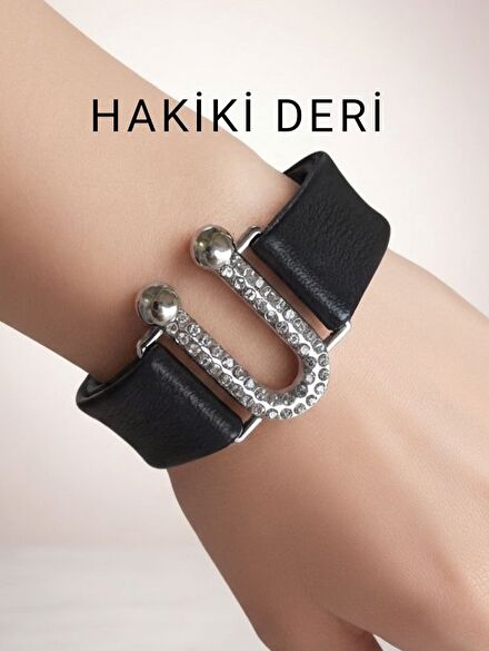 Bileklik Siyah Deri Taşlı Şık