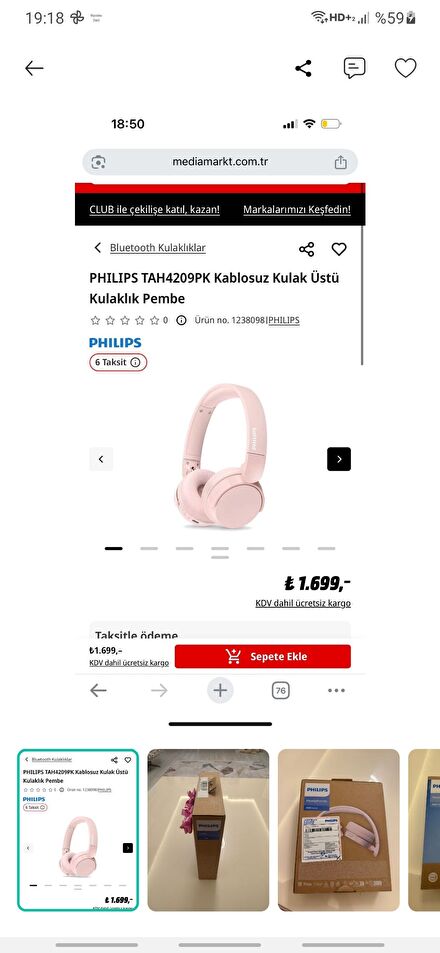 Philips Pembe Kablosuz Kulaklık
