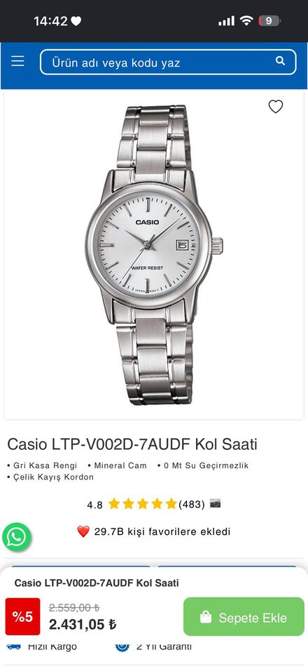 Casio Gümüş Çelik Kol Saati