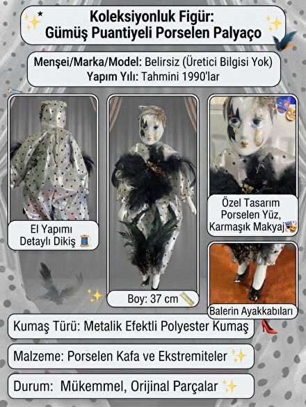 Gümüş Puantiyeli Porselen Palyaço Figür