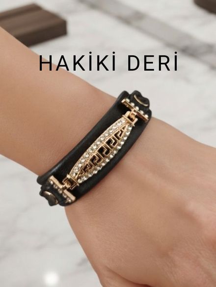 Bileklik Hakiki Deri Gold Altın Taşlı