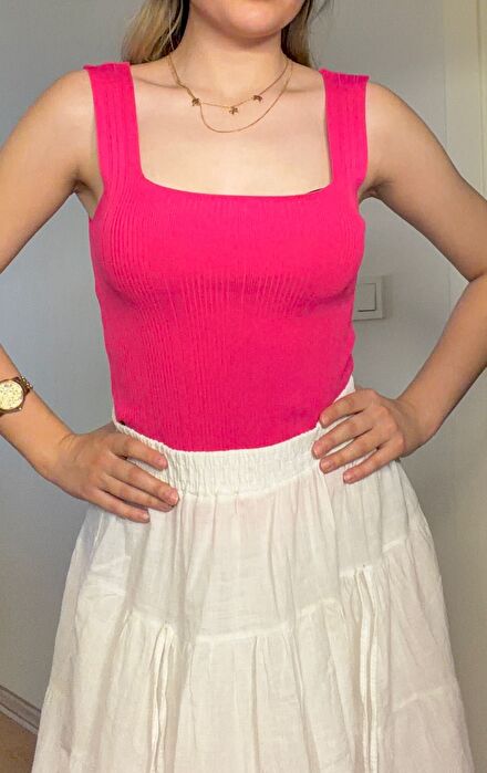 Pembe Dik Yaka Kaşkorse Crop Top