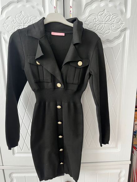 Siyah Blazer Elbise Çelik Örme Triko