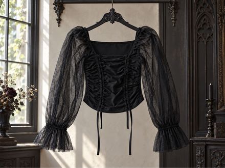 Siyah Gotik Tül Kollu Büzgü İpli Bluz