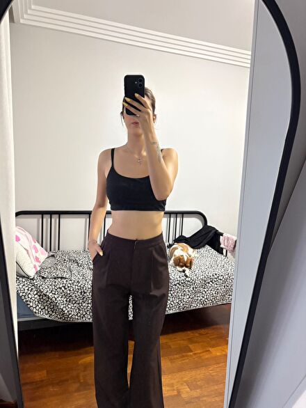 Yüksek Bel kumas pantalon kahverengi