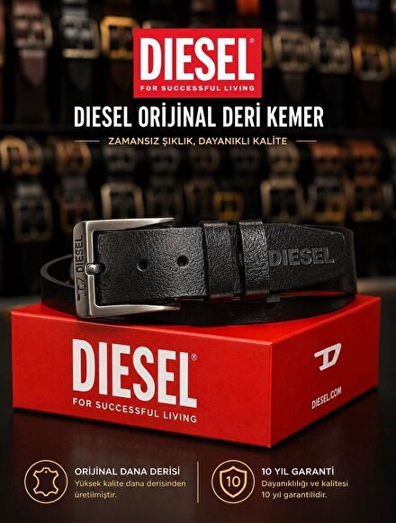 DİESEL Siyah Deri Kemer