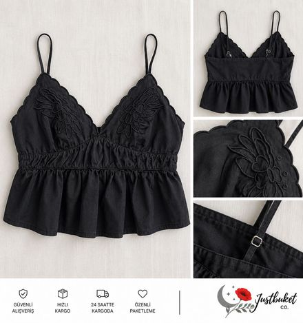 🖤Mavi Siyah İşlemeli Askılı Crop Bluz