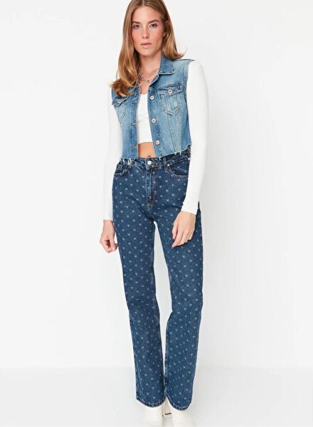 Koyu Mavi Desenli Wide Leg Jean
