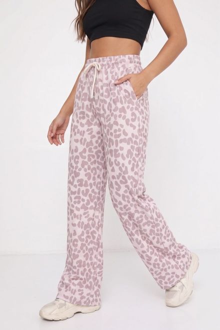 Pembe Leopar Desenli Dökümlü Palazzo