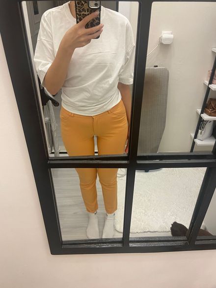 Turuncu düşük bel kısa dar paça pantolon
