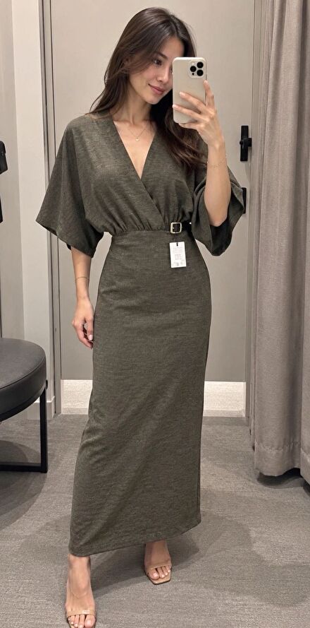 Zara Kemerli Dokulu Midi Elbise