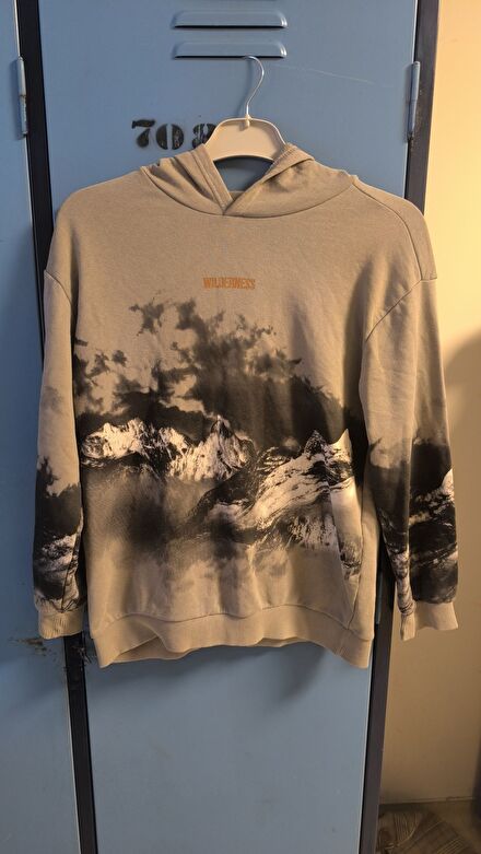 Vintage Dağ Desenli Kapüşonlu Sweatshirt