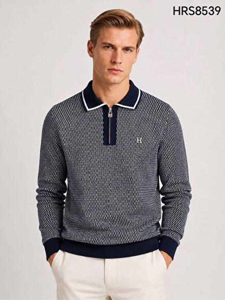 Lacivert Desenli Polo Yaka Kazak