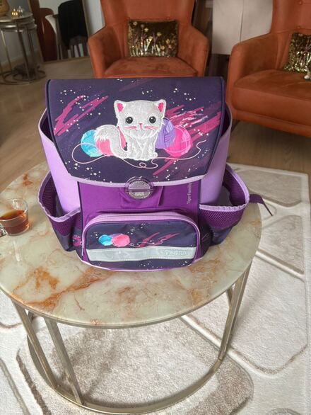 Mor Kedi Desenli Okul Çantası Seti