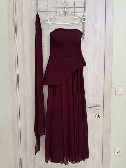 Bordo Straplez Uzun Abiye