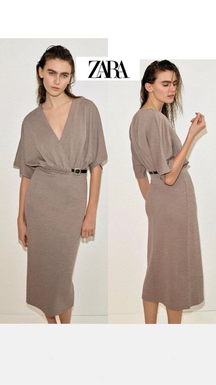 Zara Kemerli Dokulu Midi Elbise
