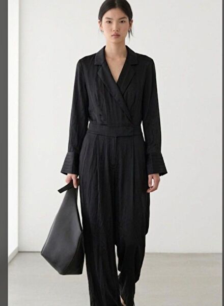 massimo dutti siyah saten uzun tulum