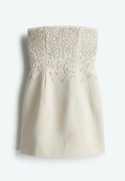 H&M Bej İşlemeli Mini Elbise