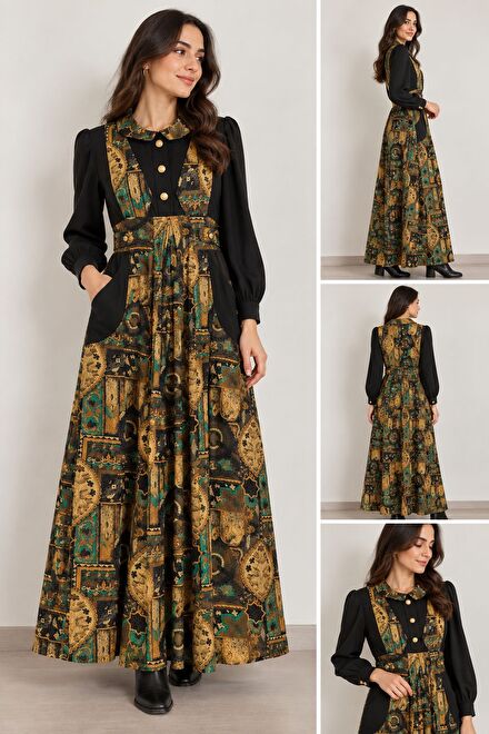 Alimer Vintage Desenli Uzun Elbise XL 42