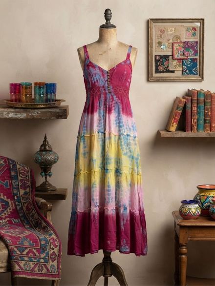 Vintage Renkli Batik Desenli Uzun Elbise
