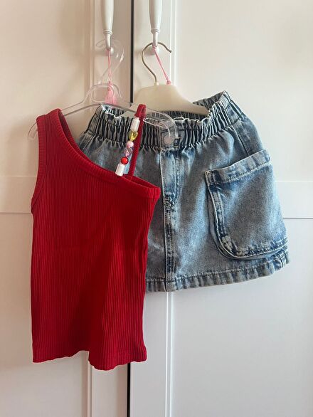 H&M Kırmızı Atlet Kot Mini Etek Seti