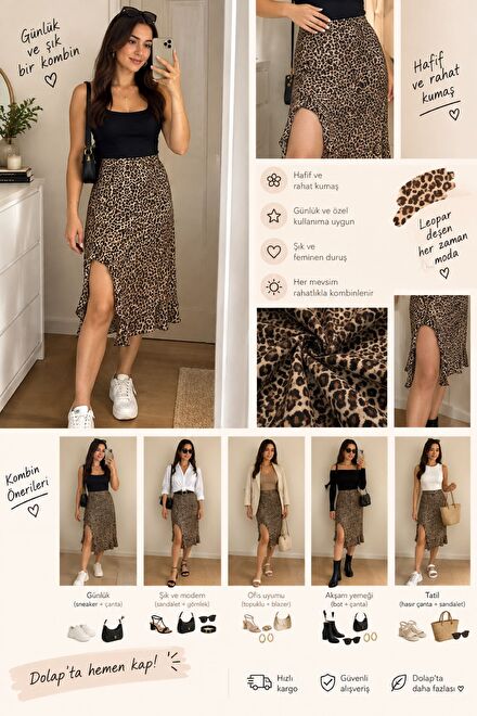 Leopar Desenli Yırtmaçlı Etek