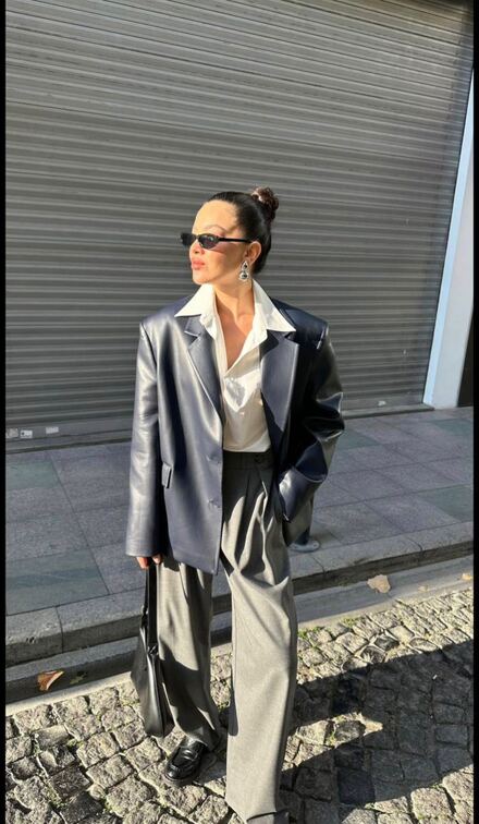 Lacivert Deri Oversize Ceket