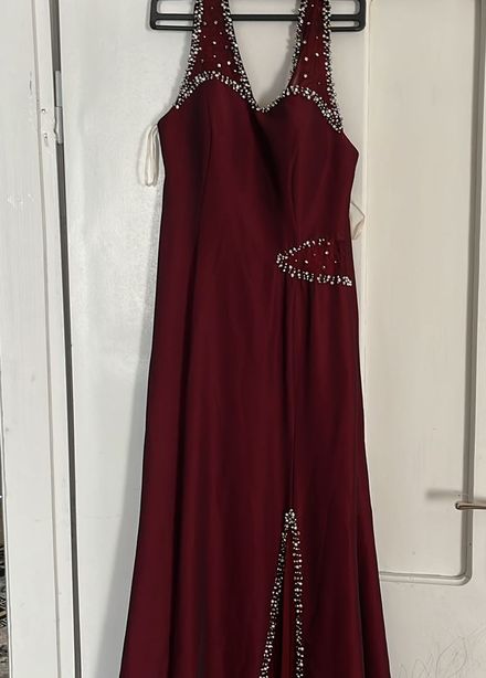 Bordo Taşlı Uzun Abiye Elbise