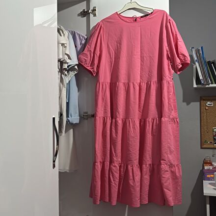 Pembe Midi Boy Katmanlı Elbise
