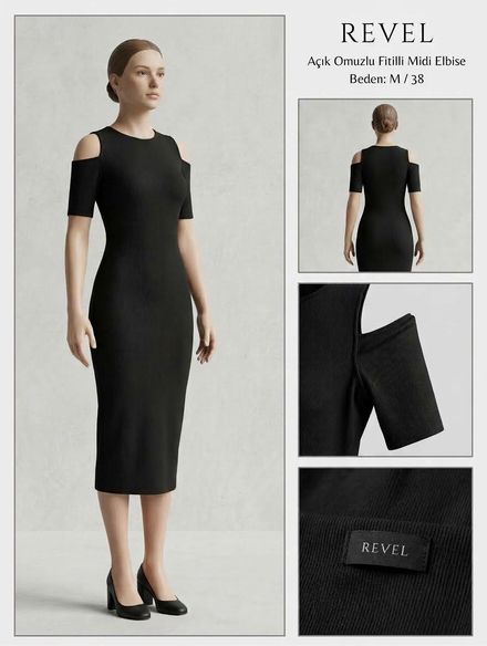 Siyah Fitilli Midi Elbise (M / 38 Beden)