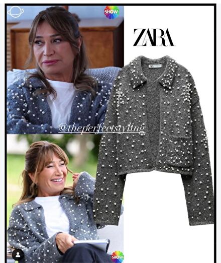 ZARA İnci Detaylı Gri Hırka